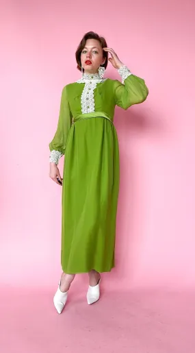 1970s Green Lace Trim Maxi Dress, sz. S