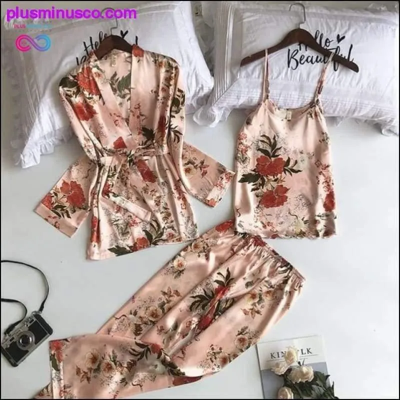 3 Pcs Printing Women Robe Sets Spaghetti Strap Cardigan Pant