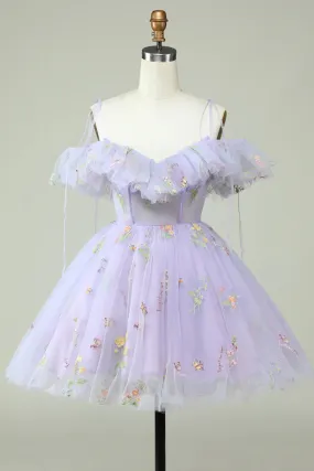 A-Line Princess Lavender Off the Shoulder Corset Homecoming Dress with Ruffles