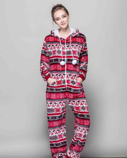 Adult Christmas One-piece Pajamas for Women Zip Up & Hooded