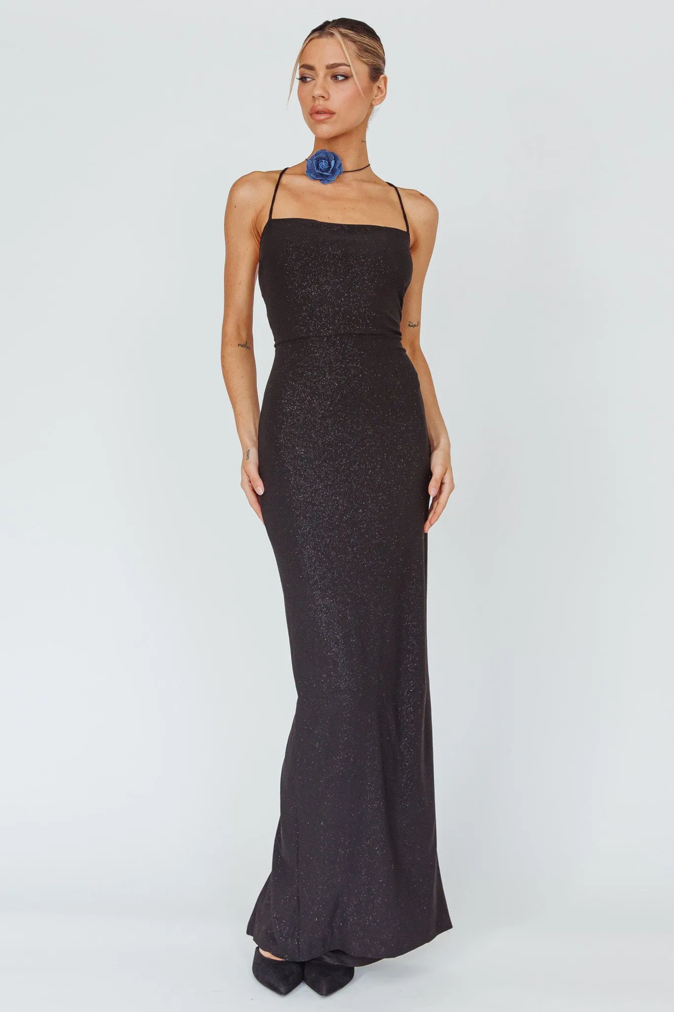 Ailani Lace-Up Back Maxi Dress Sparkle Black