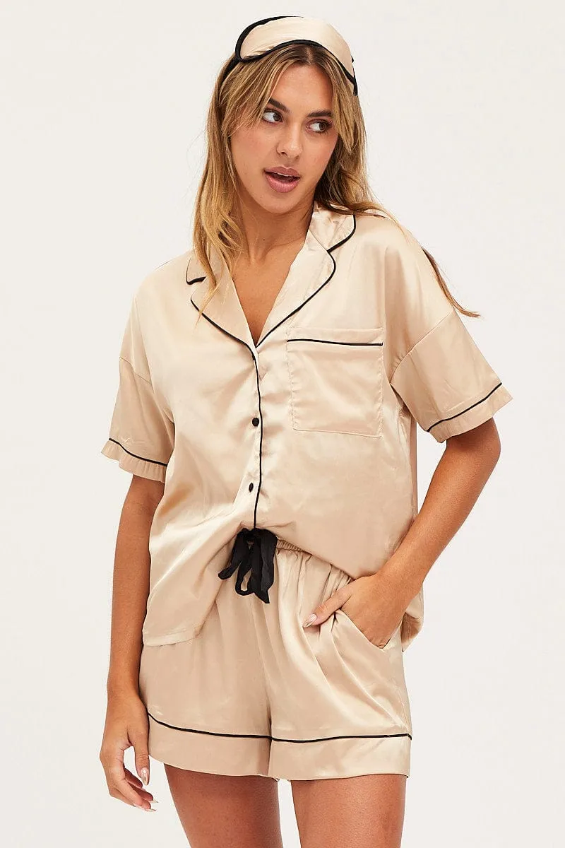 Beige Satin Pajamas Set Short Sleeve