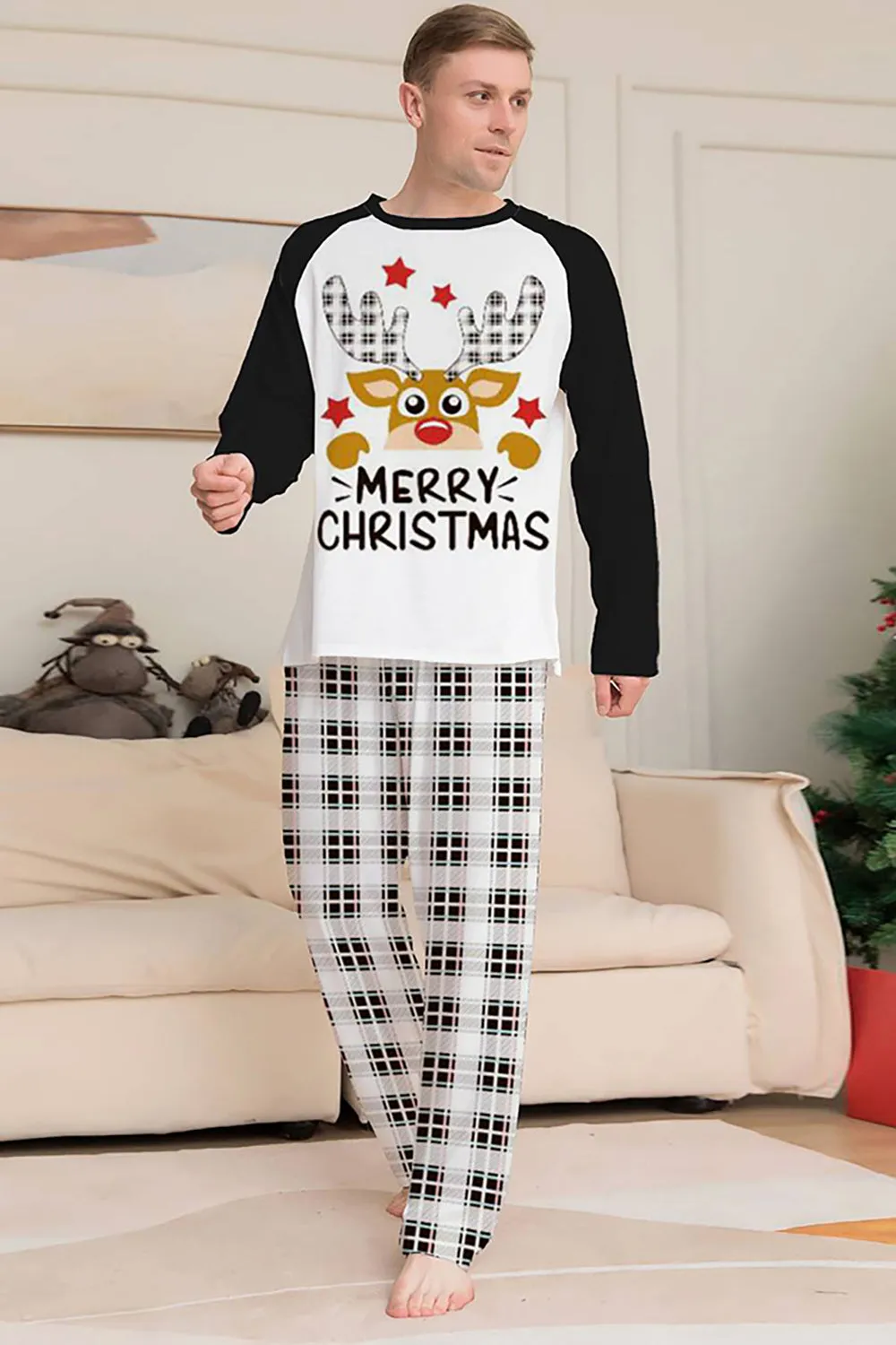 Black and White Plaid Christmas Deer Family Pajamas Set