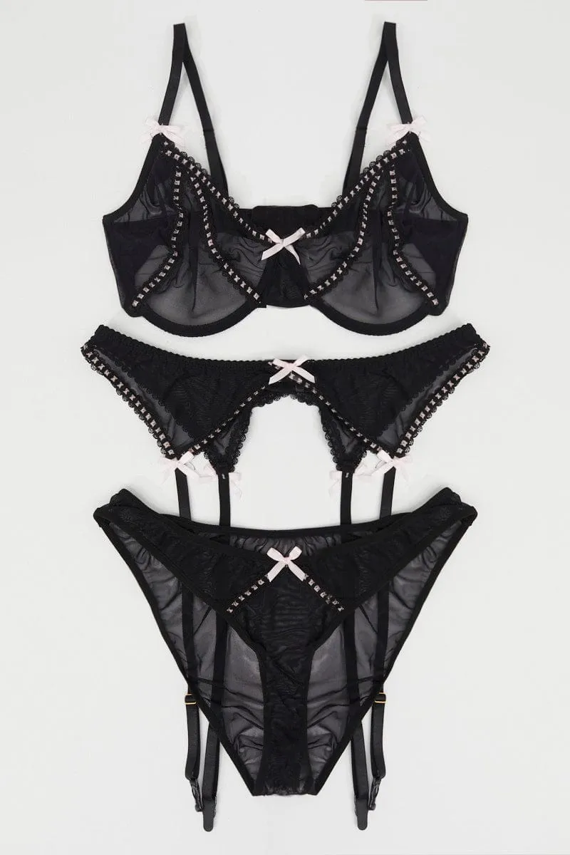 Black Bow Detail Mesh Lingerie Set