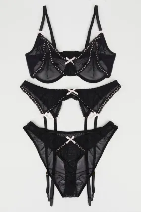 Black Bow Detail Mesh Lingerie Set