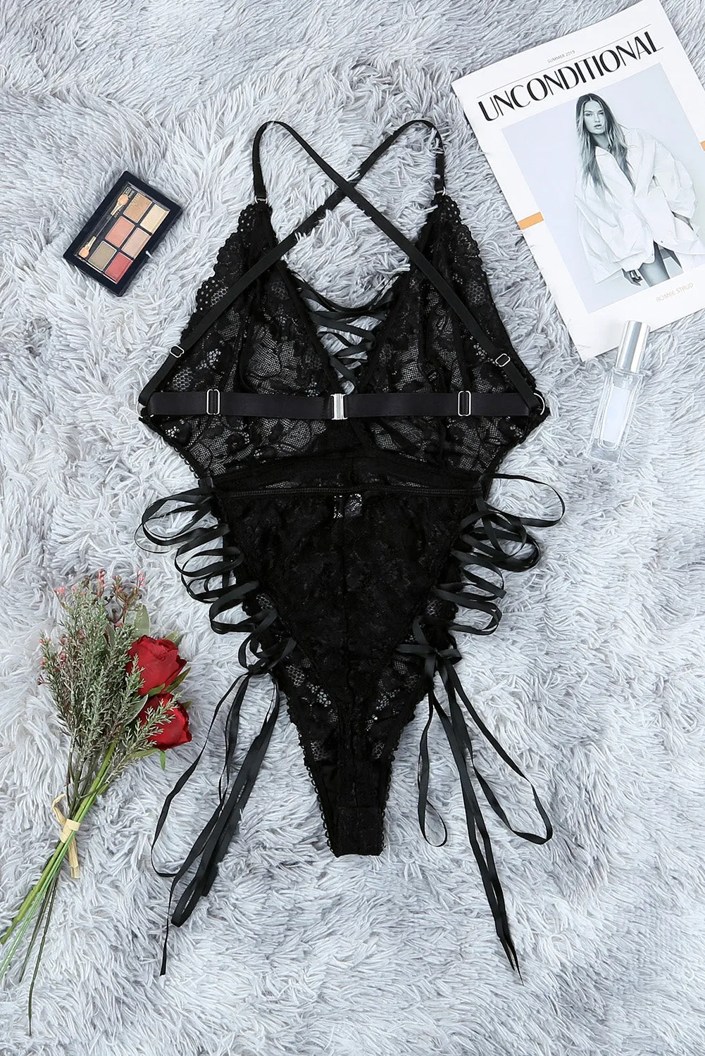 Black Criss Cross Snap Crotch Teddy Lingerie