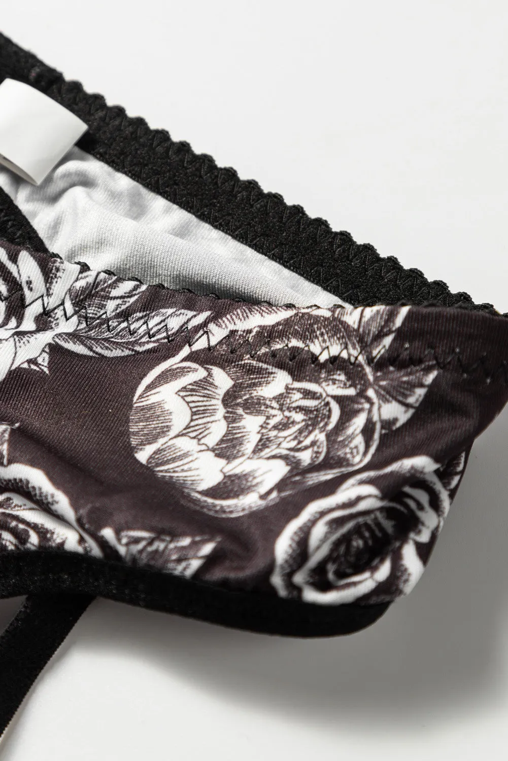 Black Floral Print Underwire Garter Lingerie Set