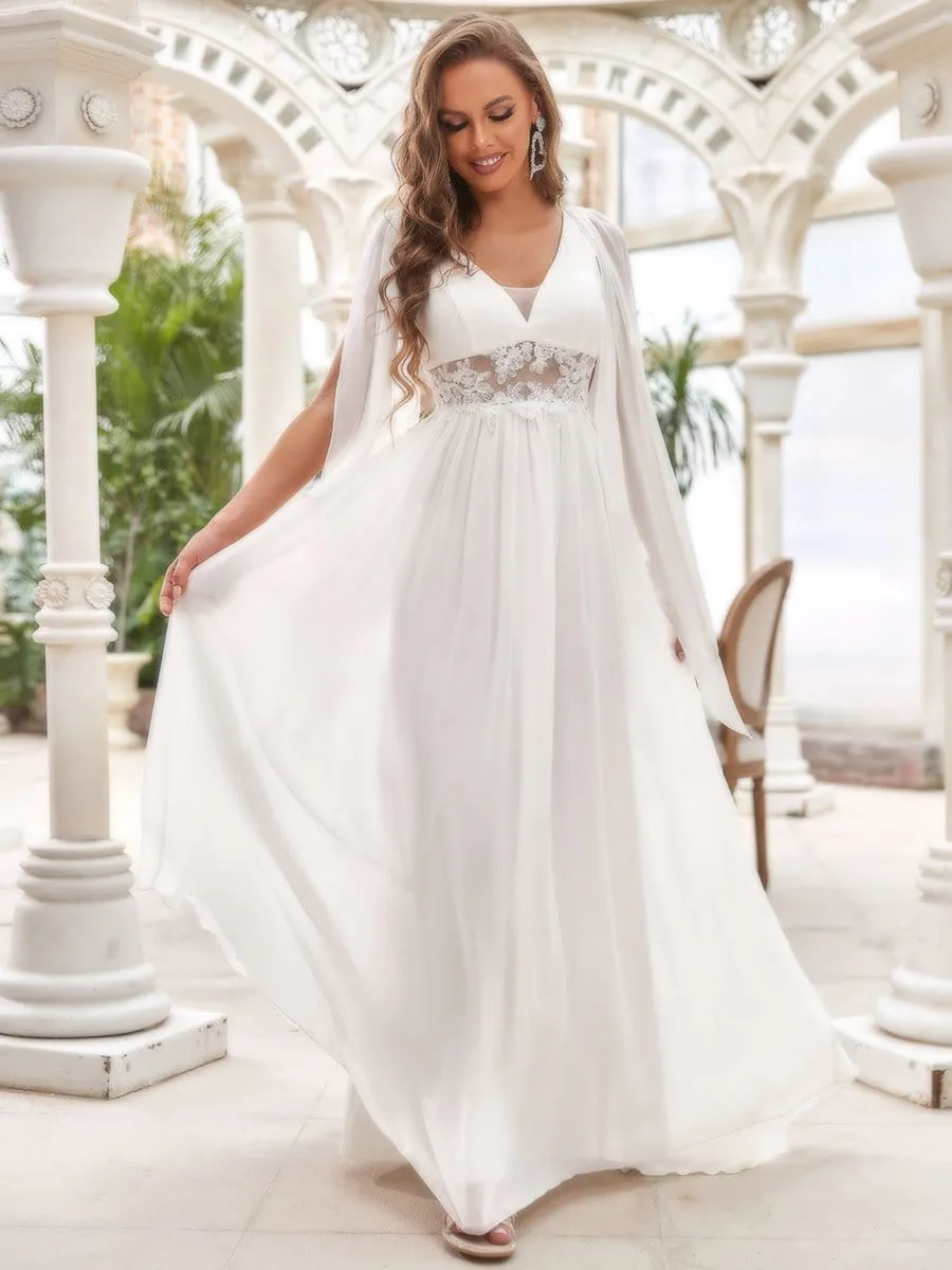 Custom Size Cape Sleeves Lace Floral V-Neck Maxi Wedding Dress