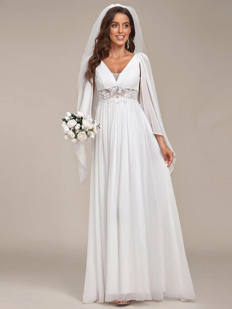 Custom Size Cape Sleeves Lace Floral V-Neck Maxi Wedding Dress