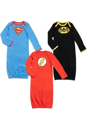 DC Comics Justice League 3 Pack Long Sleeve Swaddle Sleeper Gowns