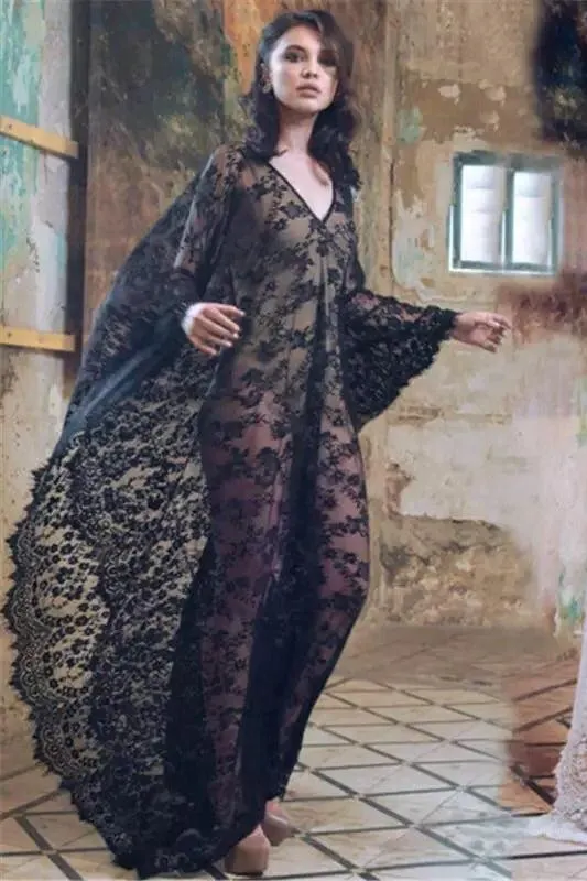 ESMERALDA BLACK EYELASH LACE MAXI KIMONO