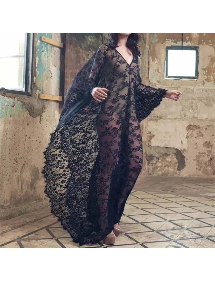 ESMERALDA BLACK EYELASH LACE MAXI KIMONO