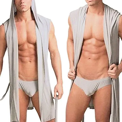 LISLI MENS ROBES BATHROBE HOODED SEXY SLEEVELESS KIMONO SILK SLEEPWEAR PAJAMAS (M, GRAY)