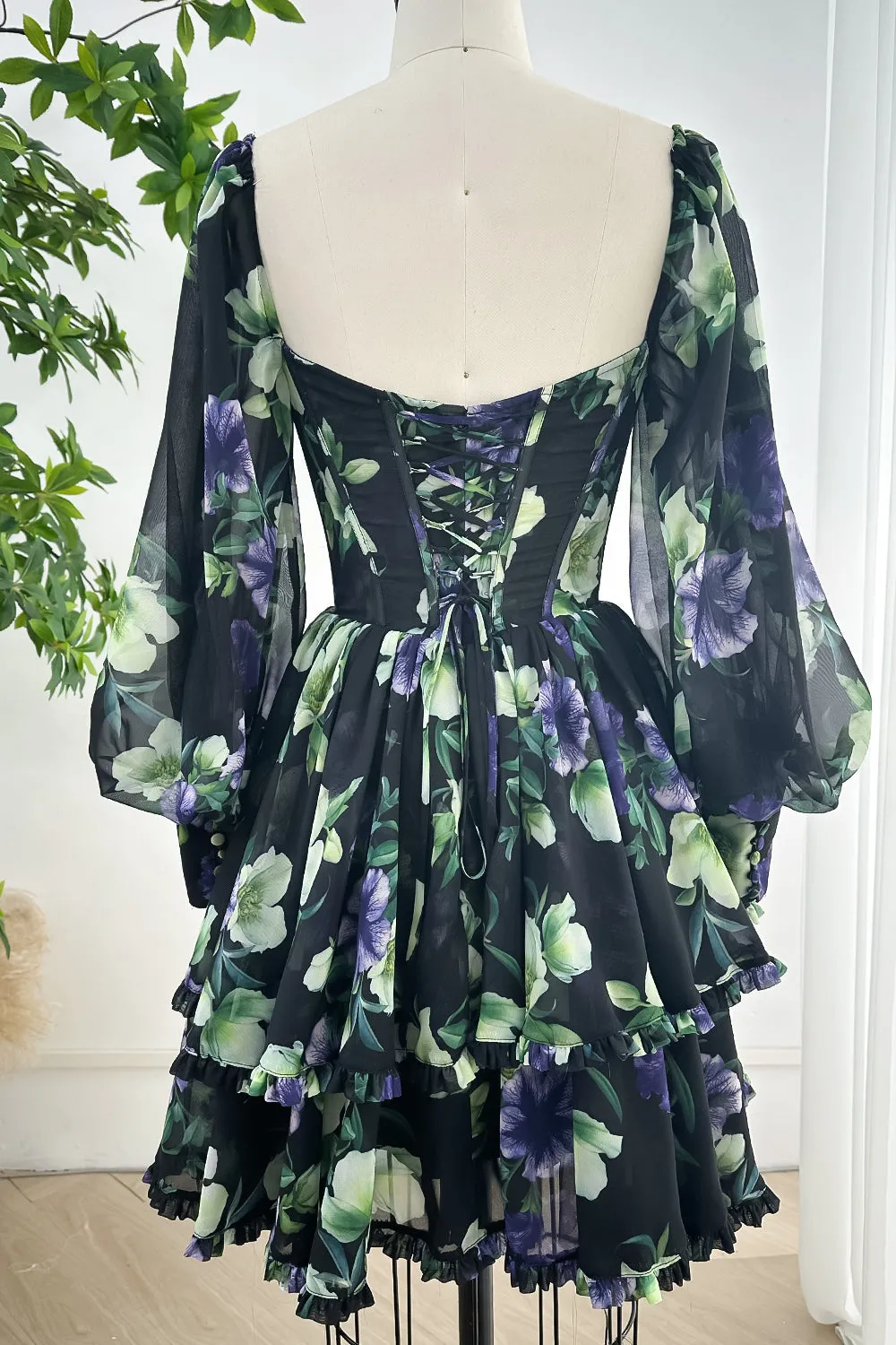 Long Sleeves Sweetheart Corset Black Floral Print Chiffon Tiered Mini Dress