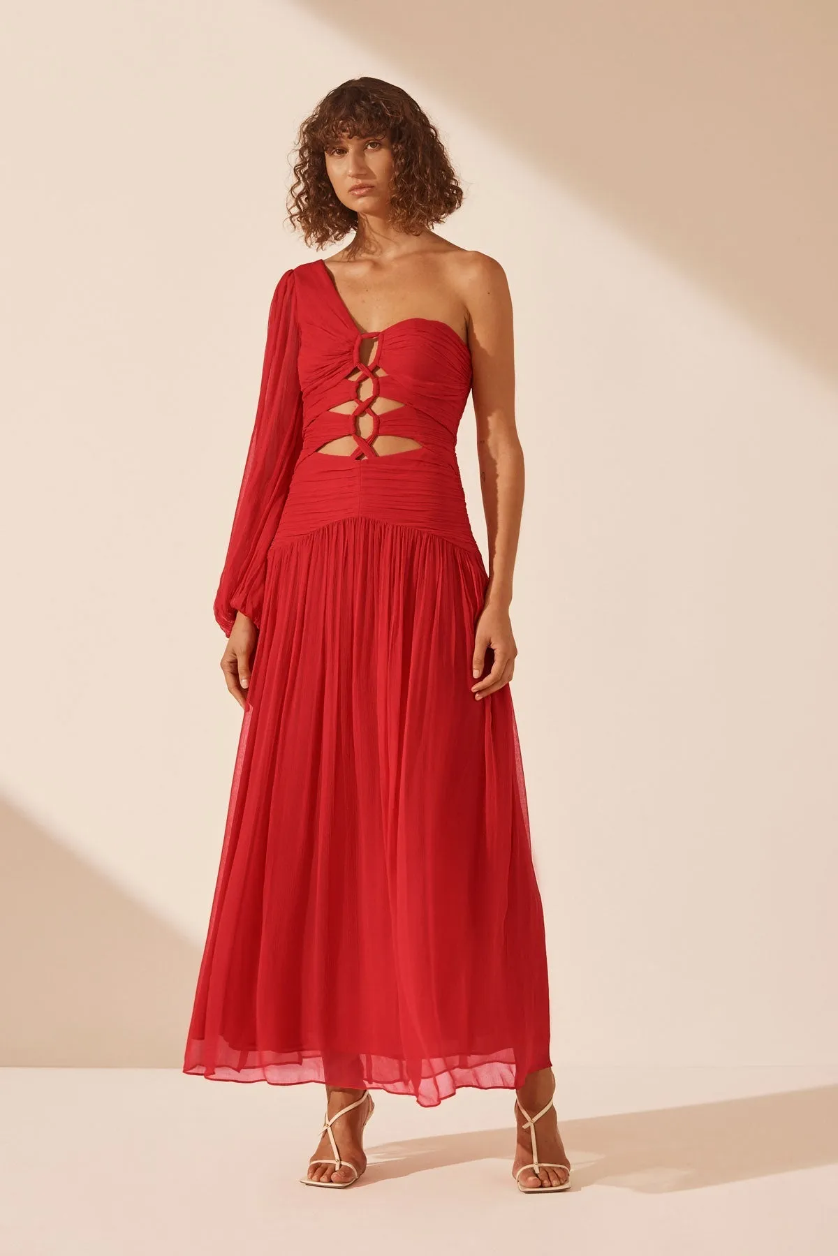 MARGOT LONG SLEEVE ONE SHOULDER LACE UP MAXI DRESS - SAILOR RED