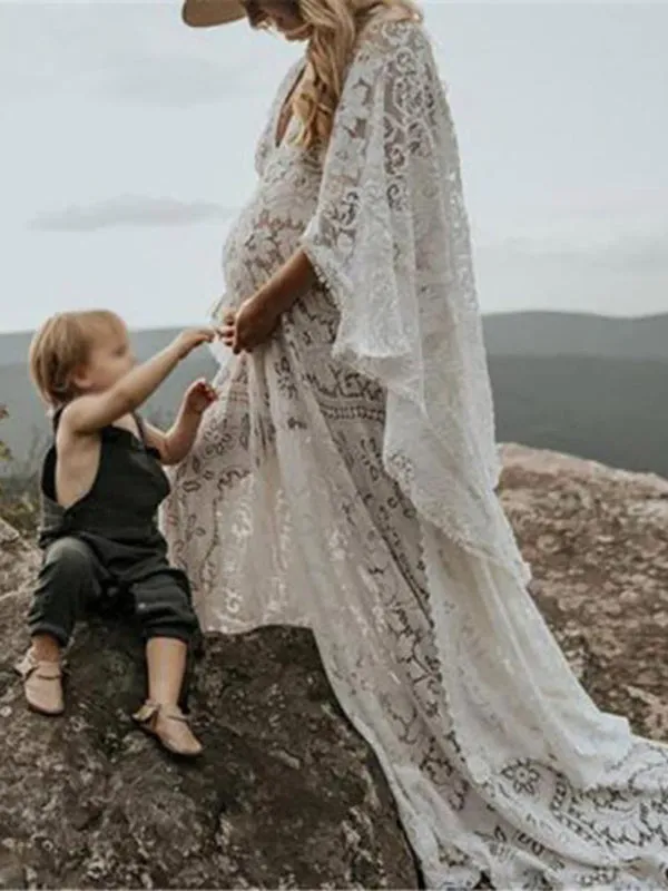 Momnfancy Floral Lace Cape Backless Boho Puffy Sleeves Pregnant Maternity Photoshoot Maxi Dress