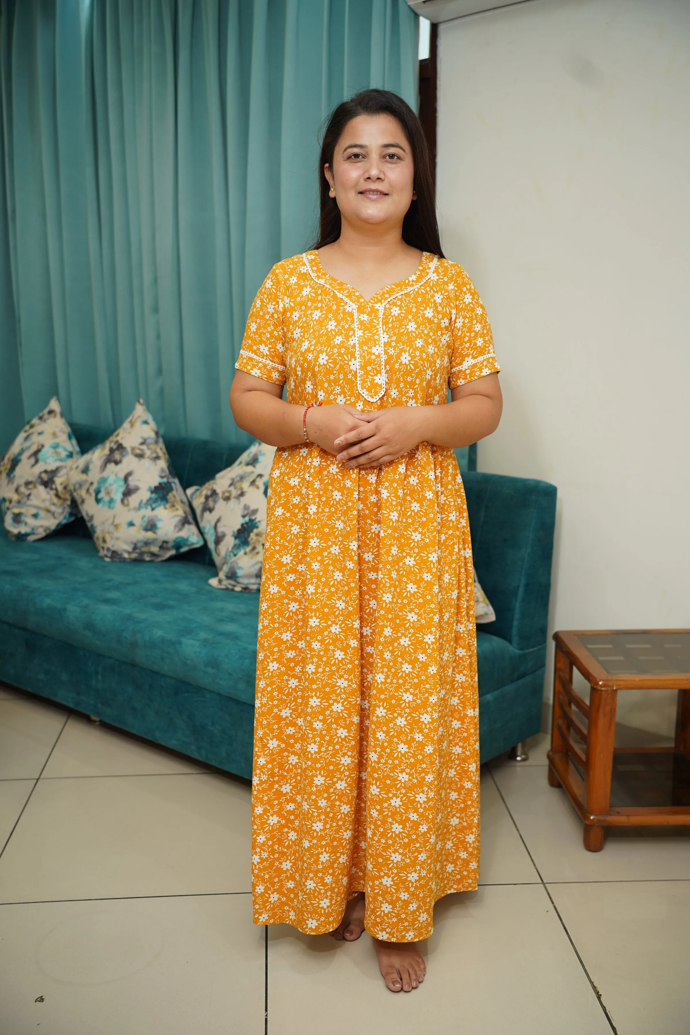 Mustard Floral Rayon Night Gown