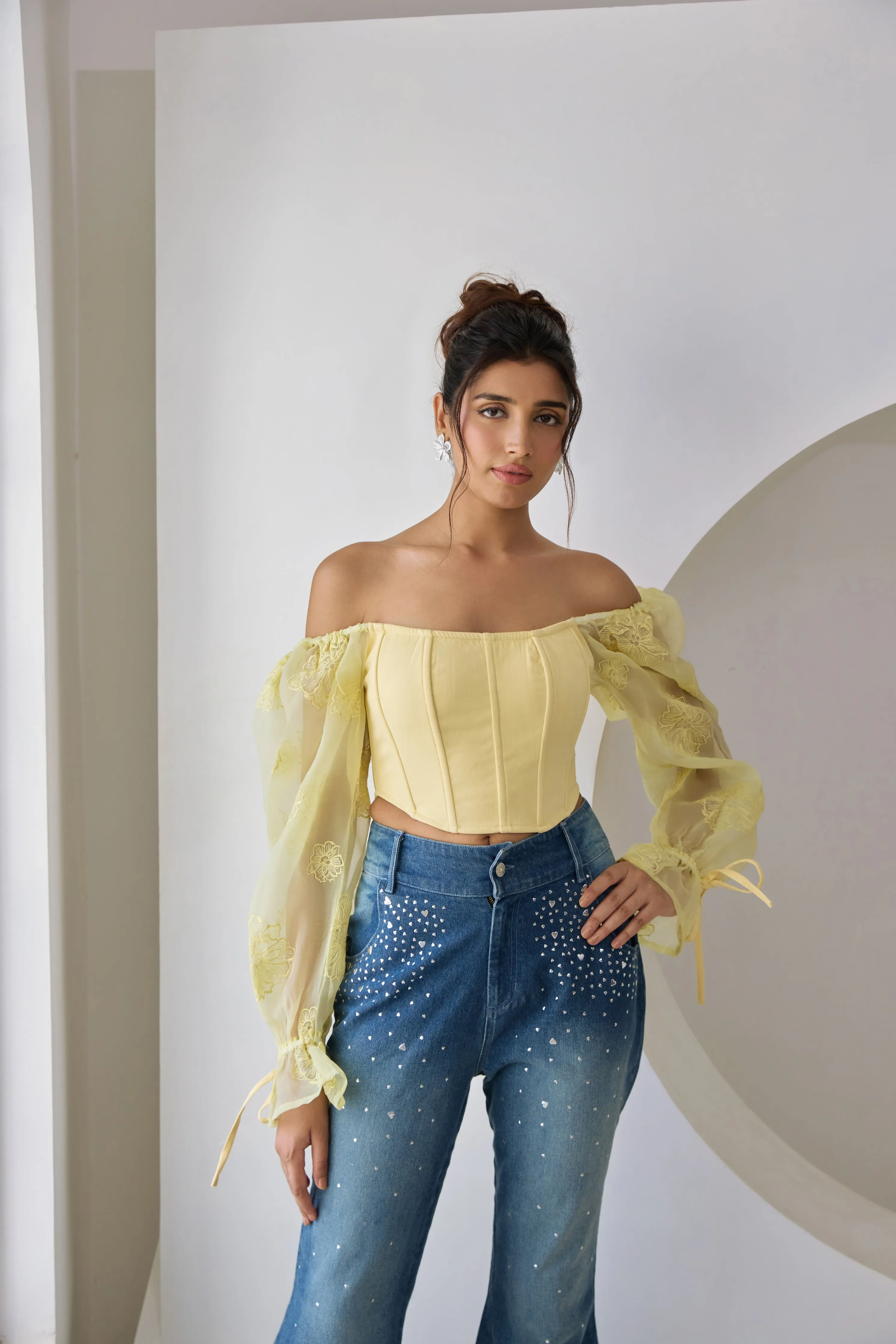 Sasha Yellow Embroidered Organza Sleeve Corset Top