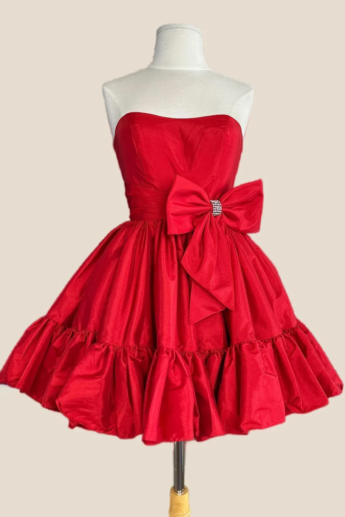 Strapless Pink Bow Ruffle Taffeta Short Dress