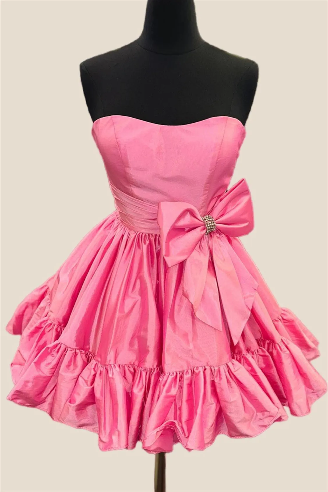 Strapless Pink Bow Ruffle Taffeta Short Dress