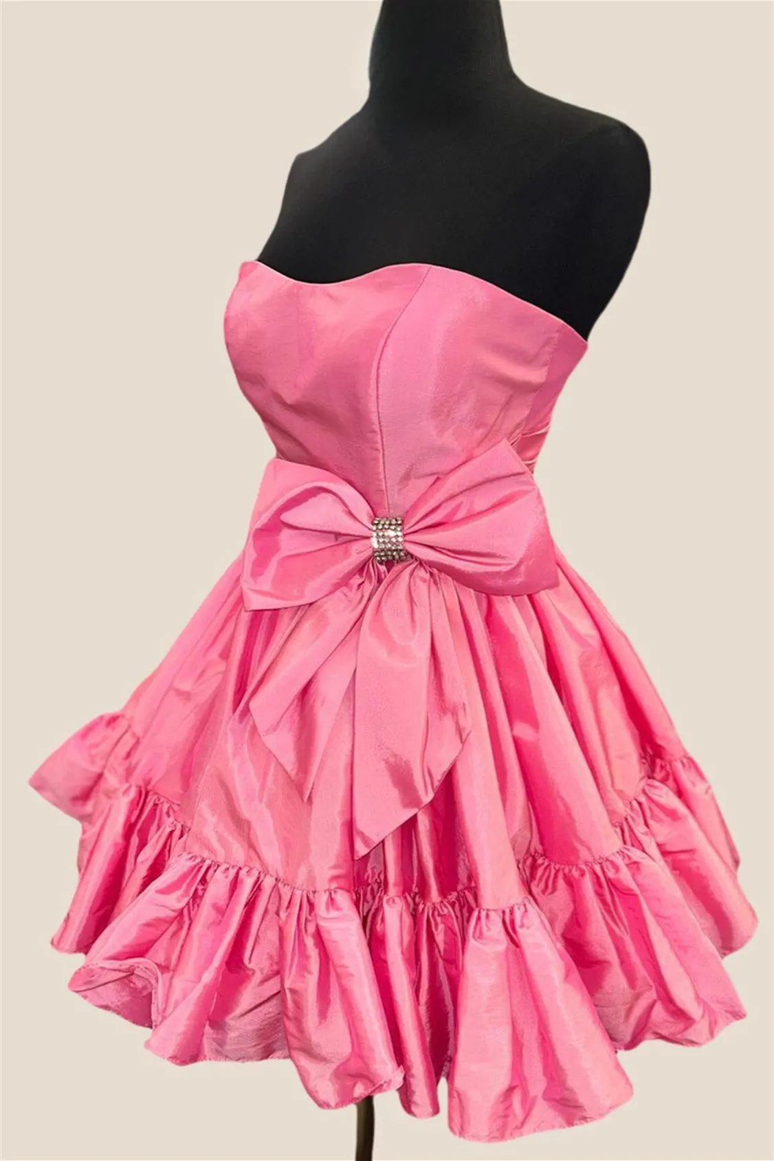 Strapless Pink Bow Ruffle Taffeta Short Dress